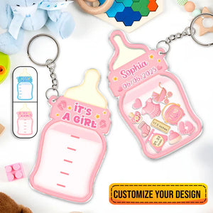 Personalized family keepsake baby announcement keychain in pink with customizable design