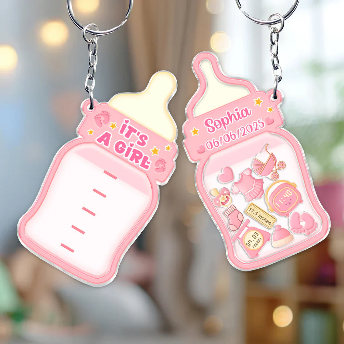Family keepsake baby announcement keychain with pink bottle design and customizable date and name