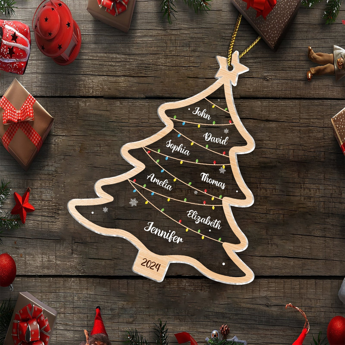 365Gifty personalized Christmas tree ornament shaped like a wooden Christmas tree with names and 2024 year
