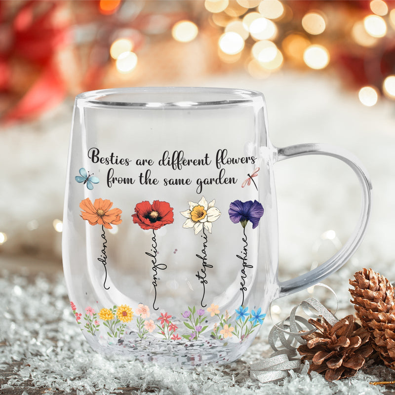 365Gifty personalized bestie glass mug with floral Besties are different flowers design and names