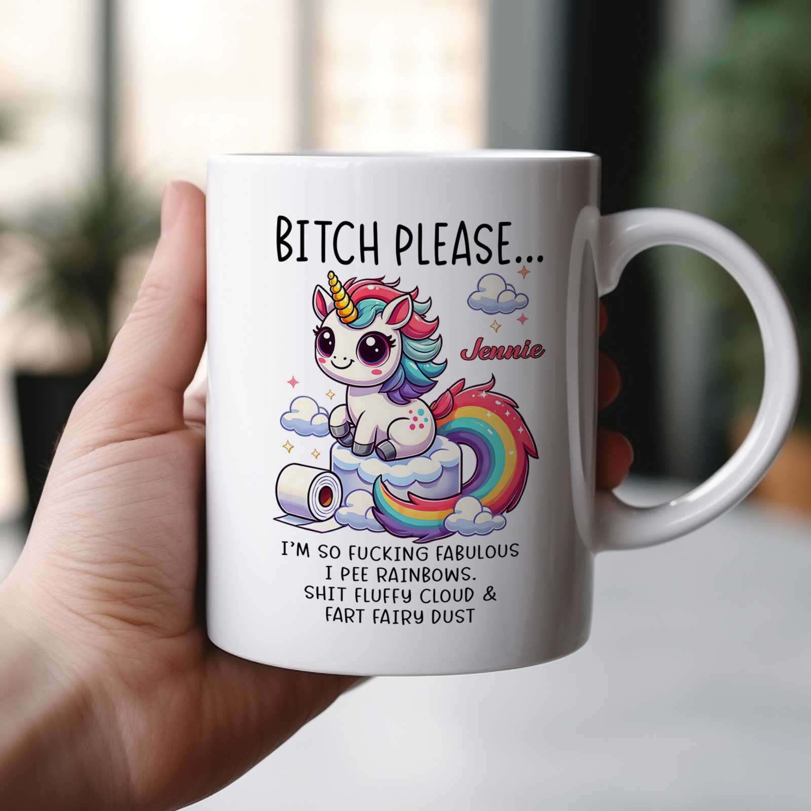 Funny bestie gift custom mug featuring a whimsical unicorn and humorous text