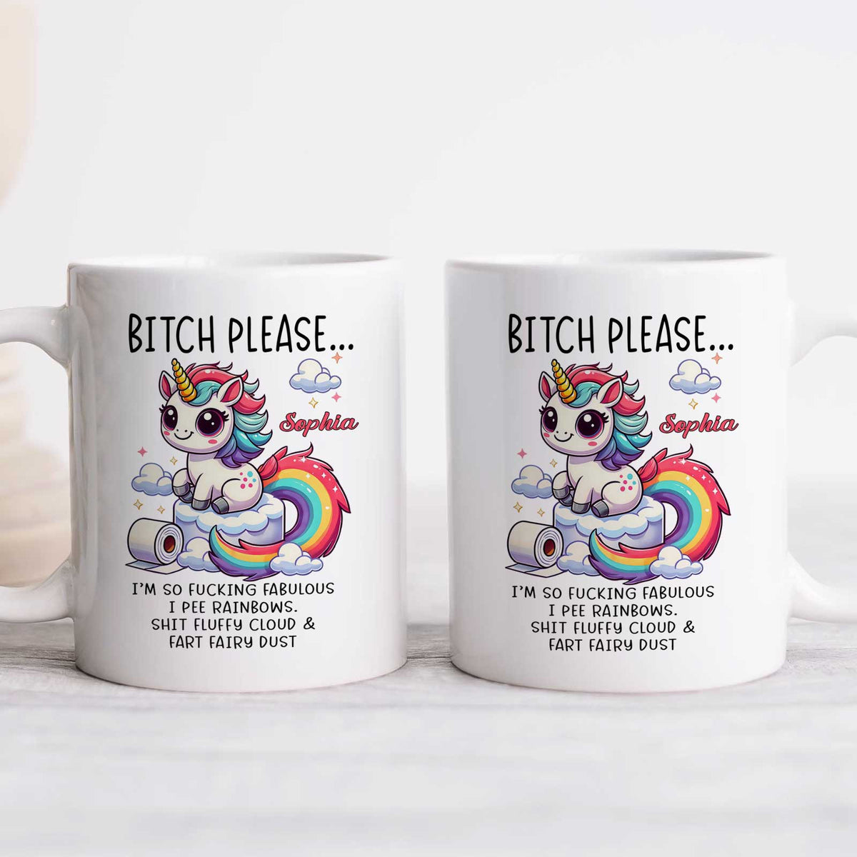 Funny bestie gift custom mug featuring a rainbow unicorn and humorous text for friends