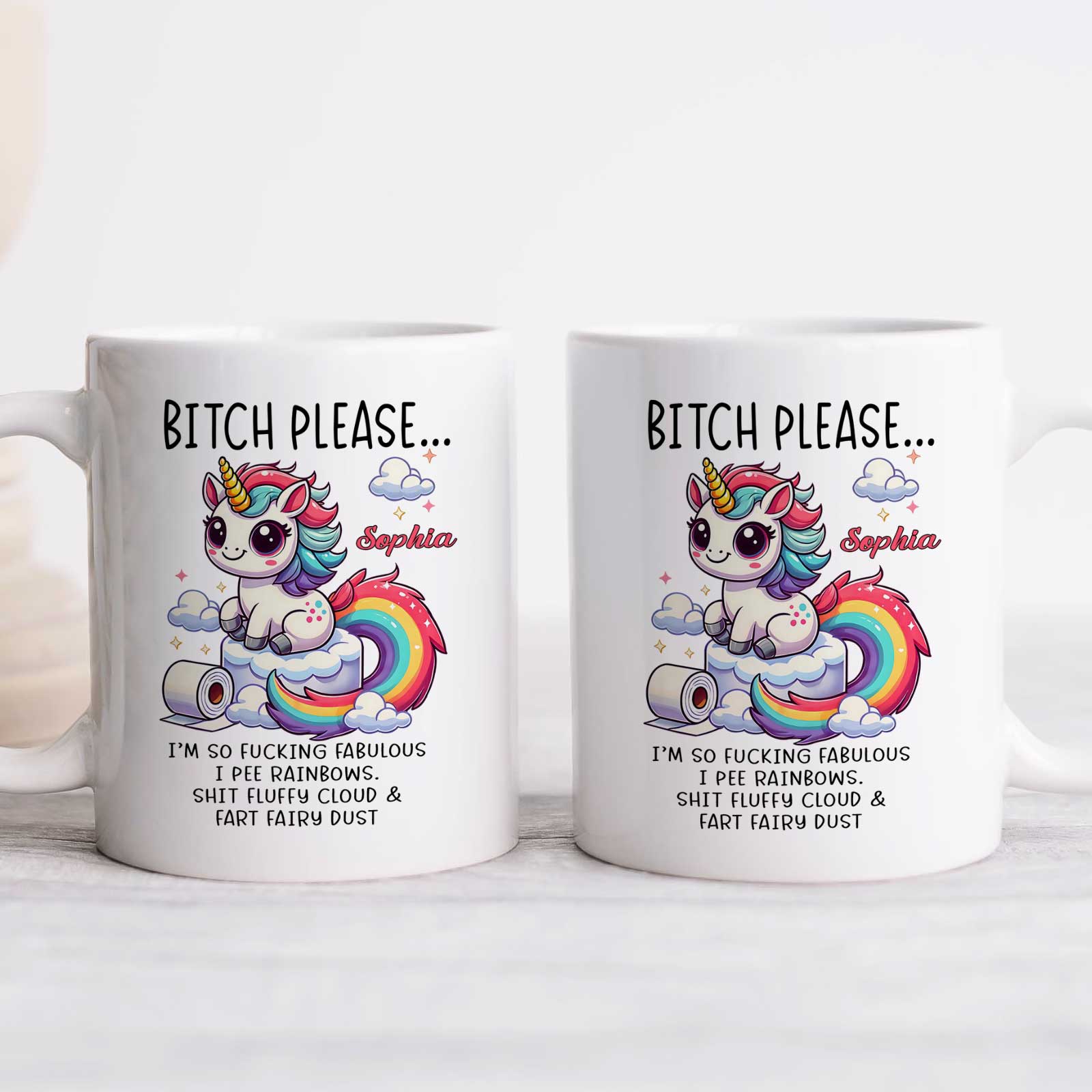 Funny bestie gift custom mug featuring a rainbow unicorn and humorous text for friends