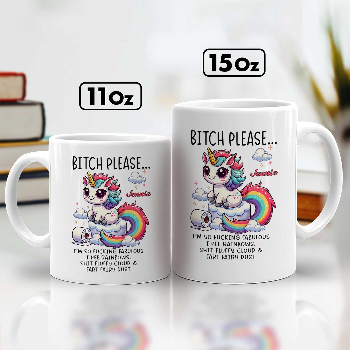 Funny bestie gift custom mug featuring a colorful unicorn and humorous text for friends