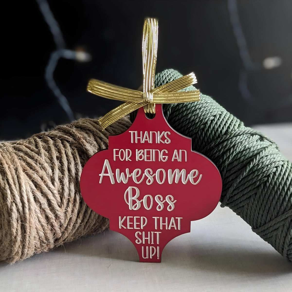 Funny Christmas wooden ornament with gold ribbon saying thanks for being an awesome boss