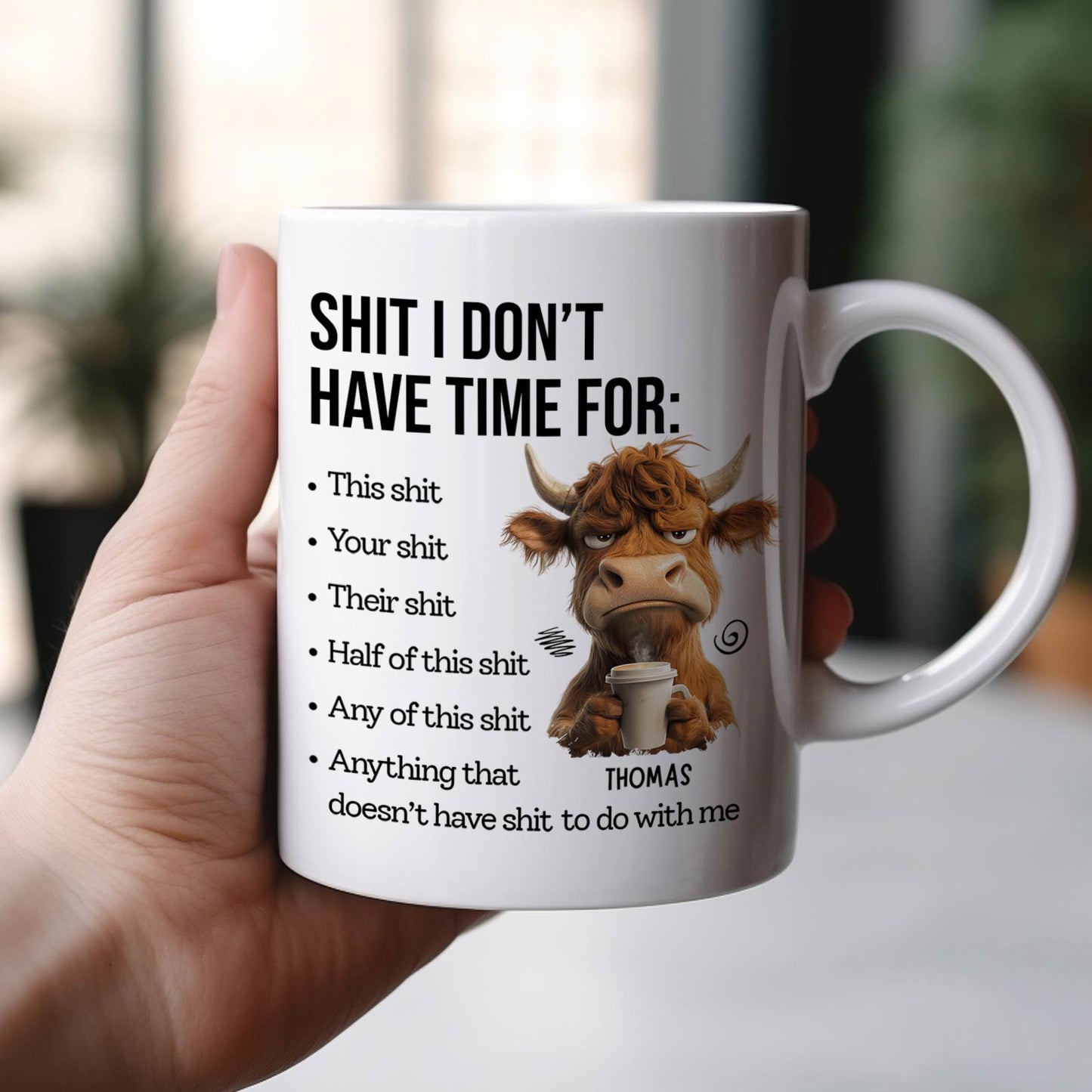 Funny custom gift for friends coffee mug featuring a humorous cow design and witty phrases