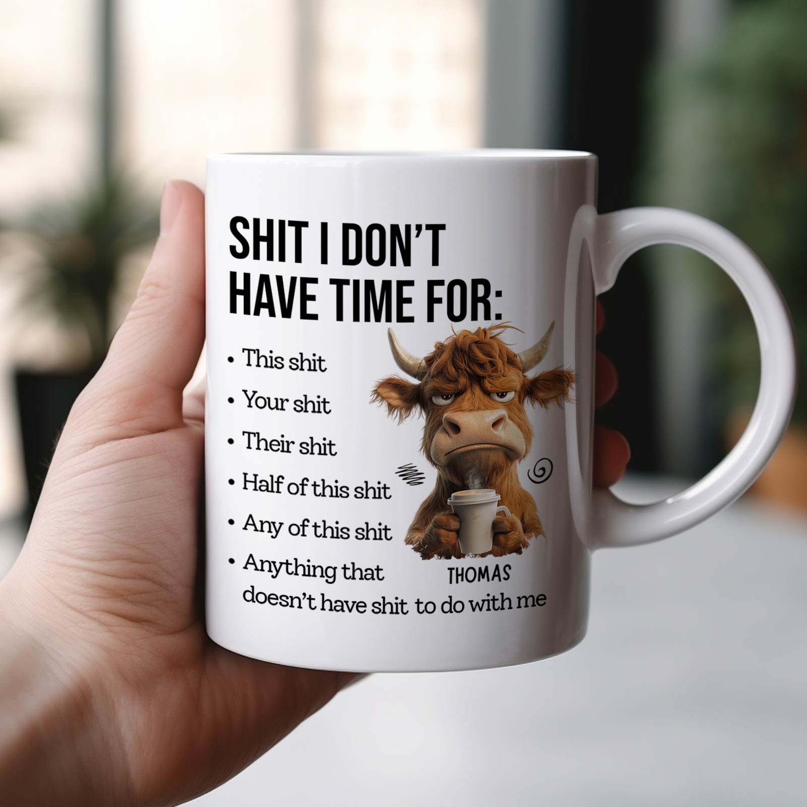 Funny custom gift for friends coffee mug featuring a humorous cow design and witty phrases