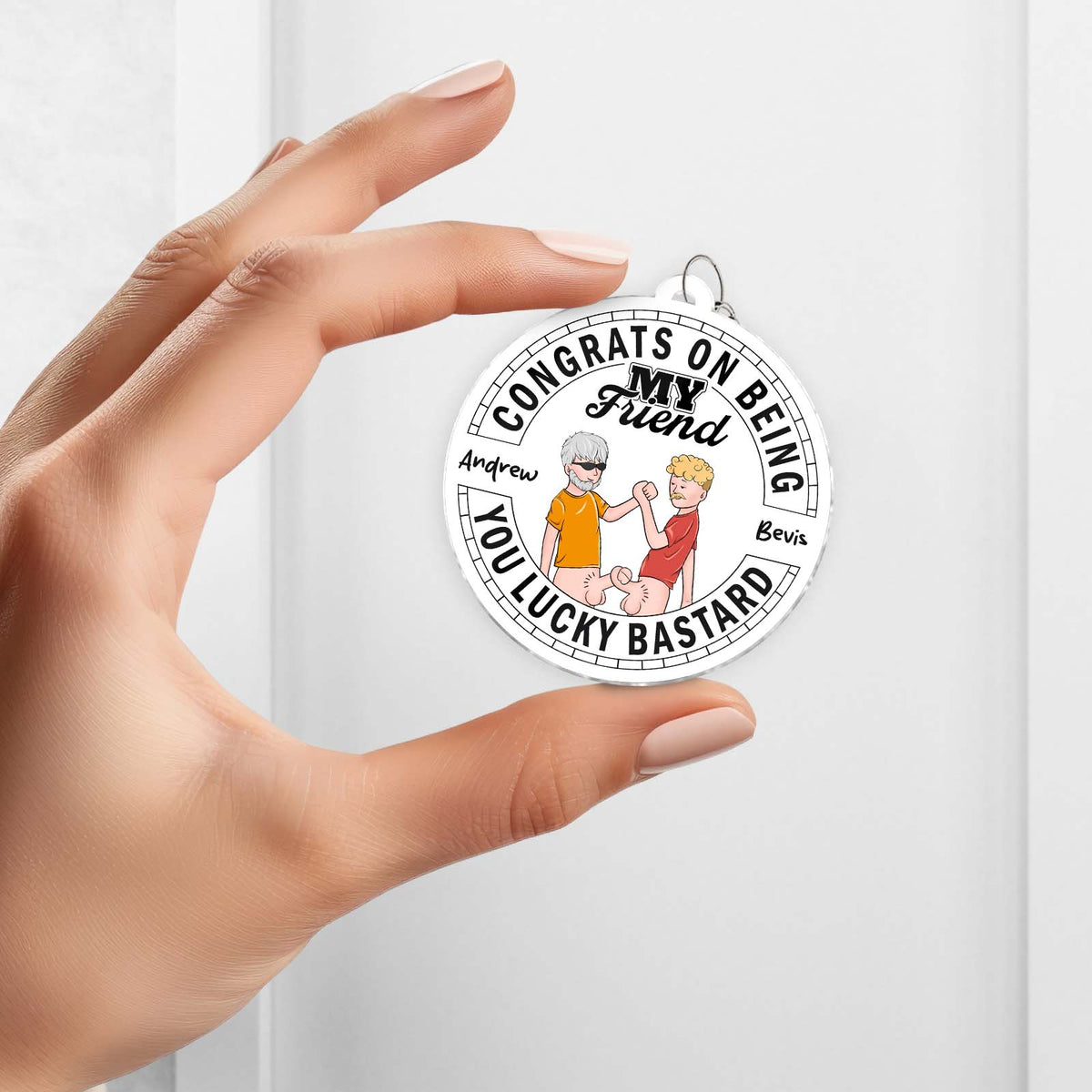 Custom funny friendship gifts featuring a congratulatory message and playful illustrations