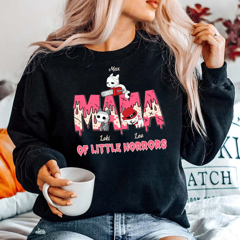 Black funny Halloween cat mom shirt with colorful horror-themed cat graphics and text