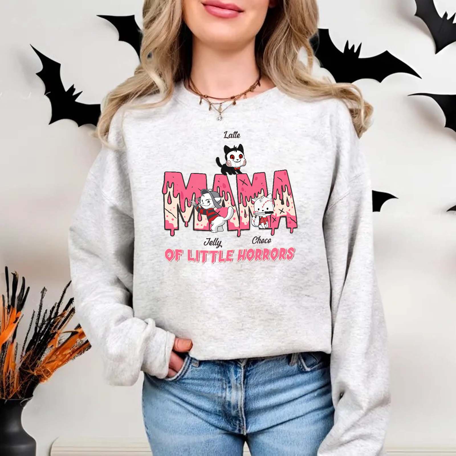 Funny Halloween cat mom shirt in light gray with cute cartoon cats and spooky design
