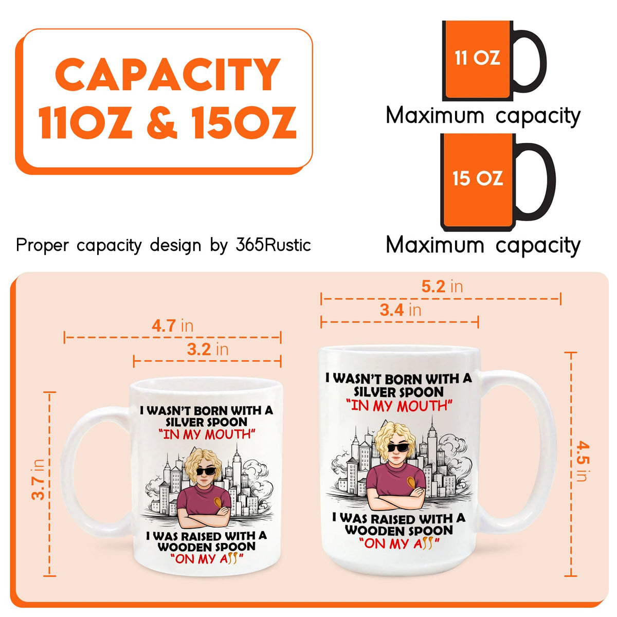 Funny personalized mug design featuring humorous text and graphics with size options for custom gifts