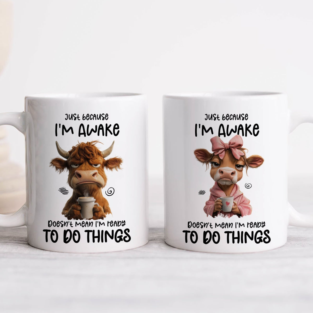 Funny personalized mug featuring cartoon cows with humorous quotes about waking up and motivation