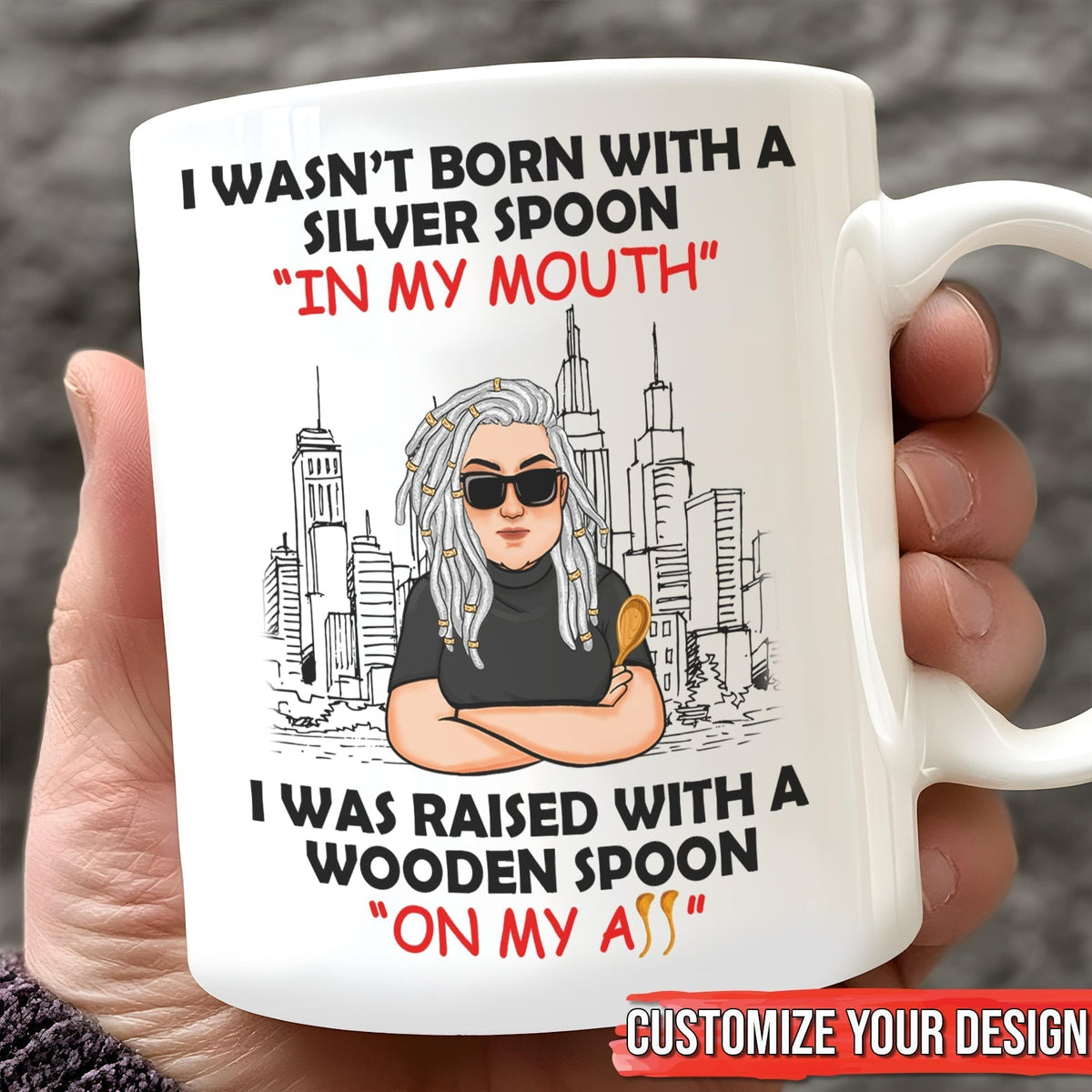 Funny personalized mug featuring a humorous quote and city skyline design