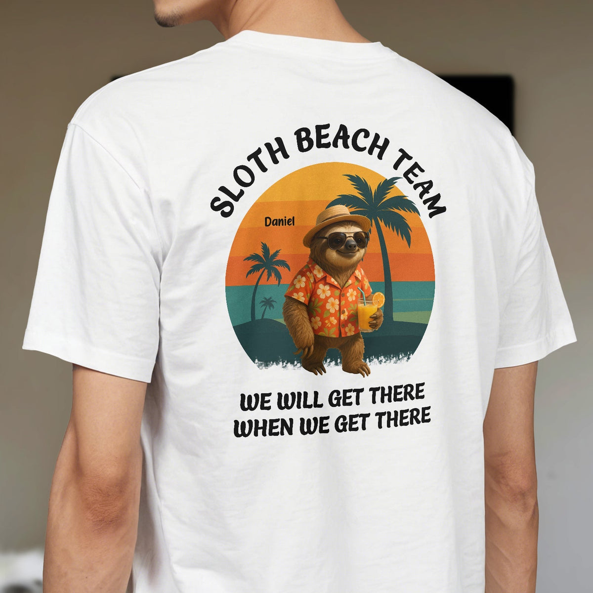Funny sloth beach shirt gift with cartoon sloth in sunglasses and Hawaiian shirt holding a drink