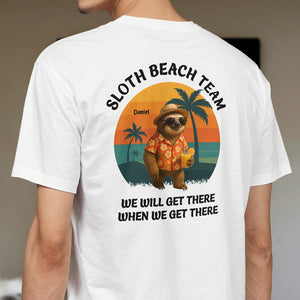 Funny sloth beach shirt gift with cartoon sloth in sunglasses and Hawaiian shirt holding a drink