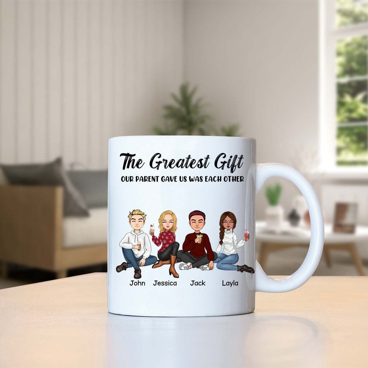 The greatest gift our parent gave us mug with personalized cartoon family and names on white ceramic cup