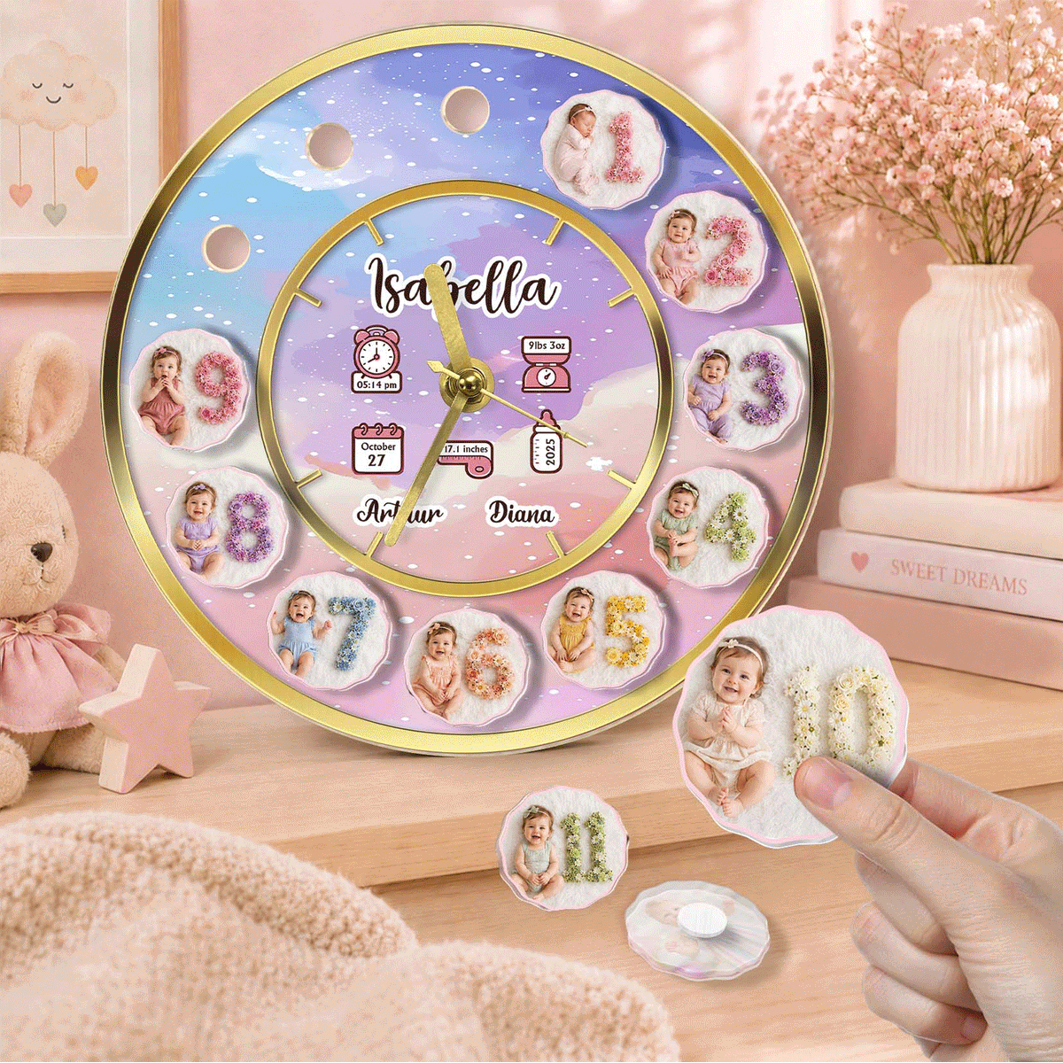 Personalized Baby Milestone Clock – Custom Number, Baby Photos & Birth Details Keepsake