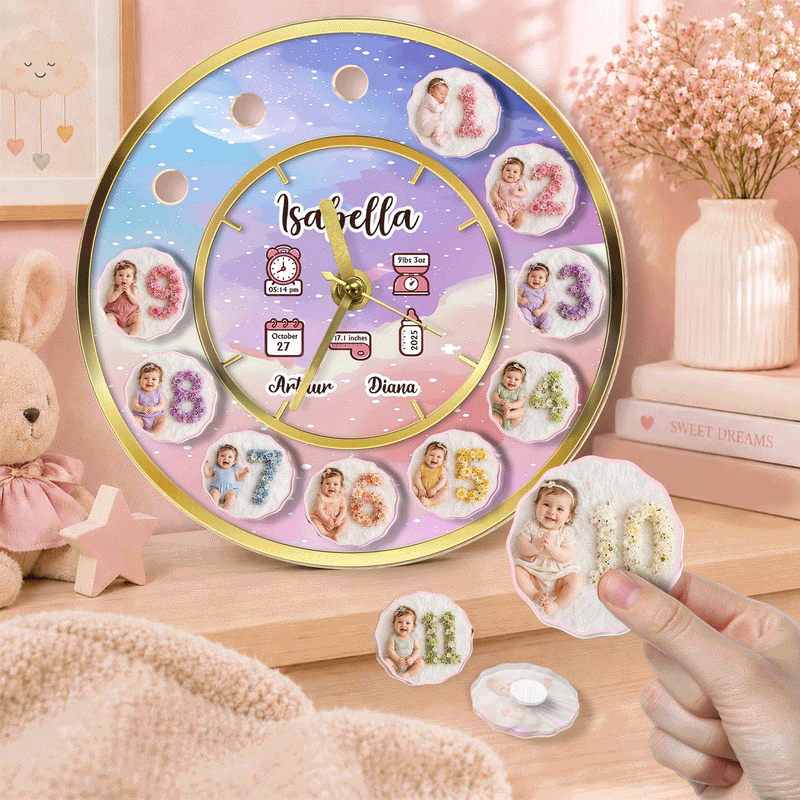 Personalized Baby Milestone Clock – Custom Number, Baby Photos & Birth Details Keepsake