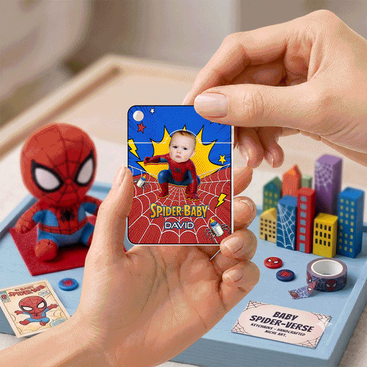 Personalized Spider-Baby Hidden Photo Keychain – Custom Baby Superhero Keepsake Gift