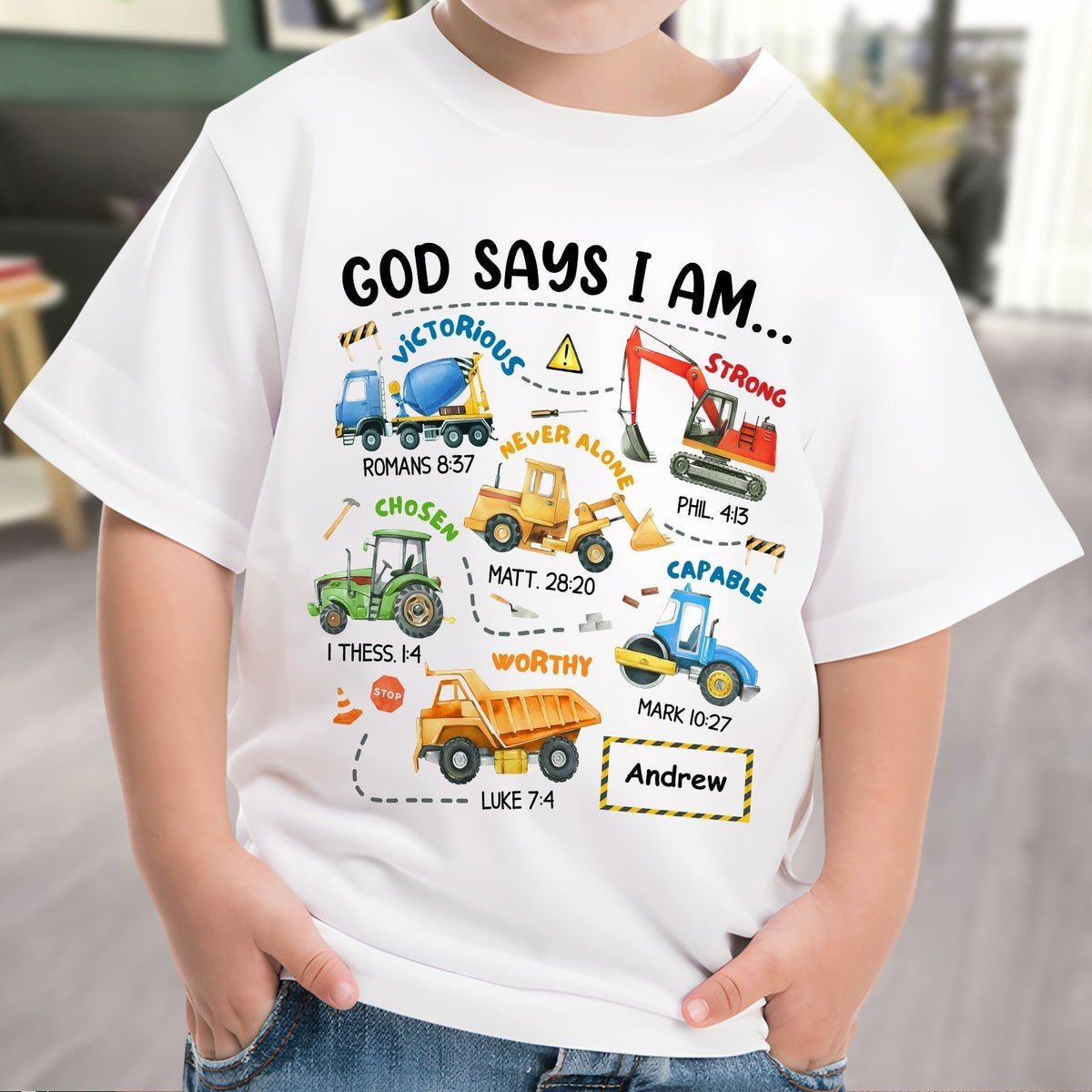 God says I am custom t-shirt for kids with colorful construction vehicle designs and positive Bible verses