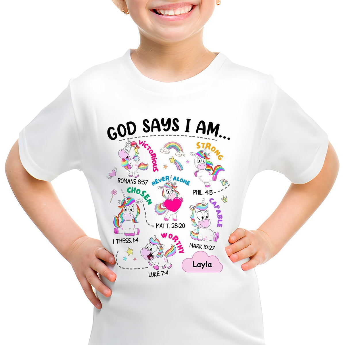 God says I am custom t-shirt with colorful unicorns and positive Bible verses for kids