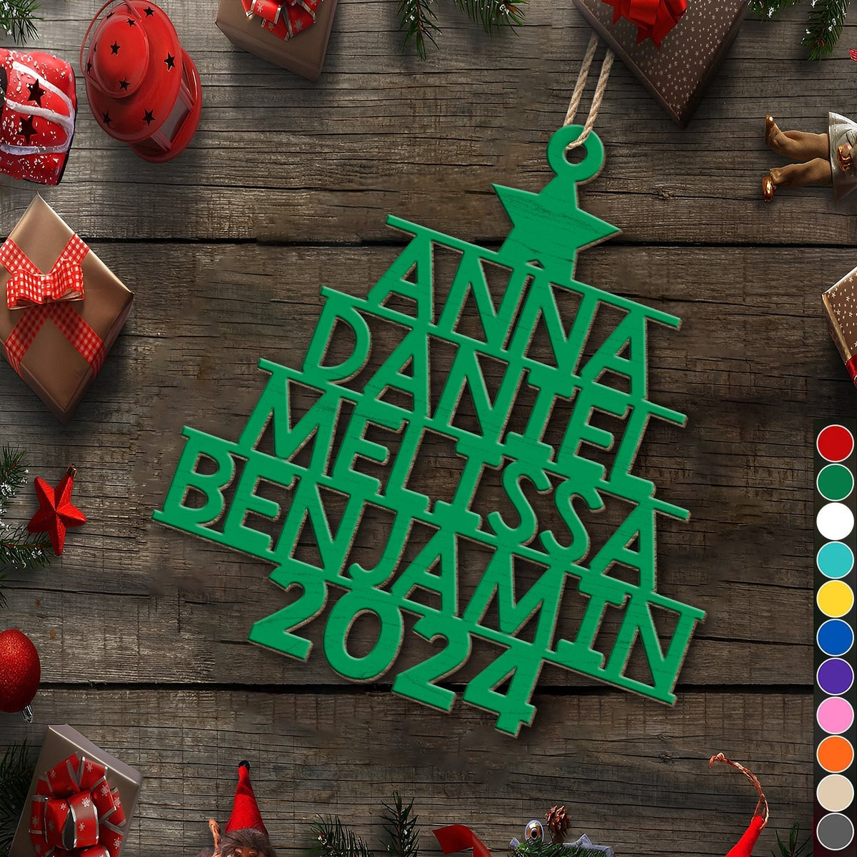 Green personalized Christmas tree ornament with names Anna Daniel Melissa Benjamin and year 2024