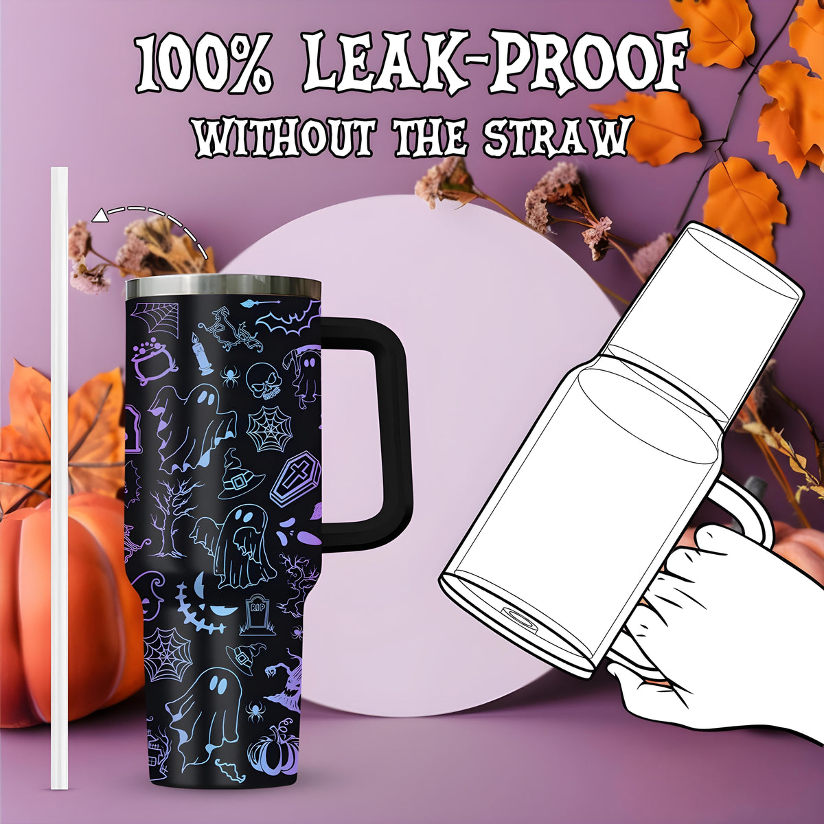 365Gifty halloween tumbler with handle featuring spooky ghost and web designs with leak-proof lid