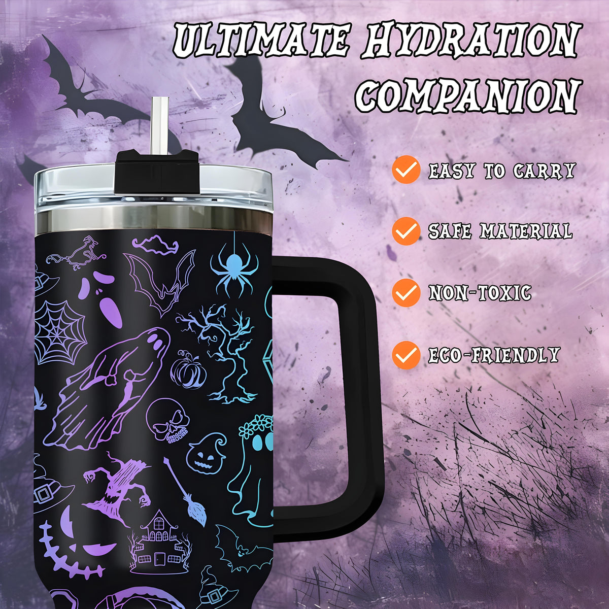 Halloween tumbler with handle featuring spooky ghost and pumpkin designs with black handle and clear lid