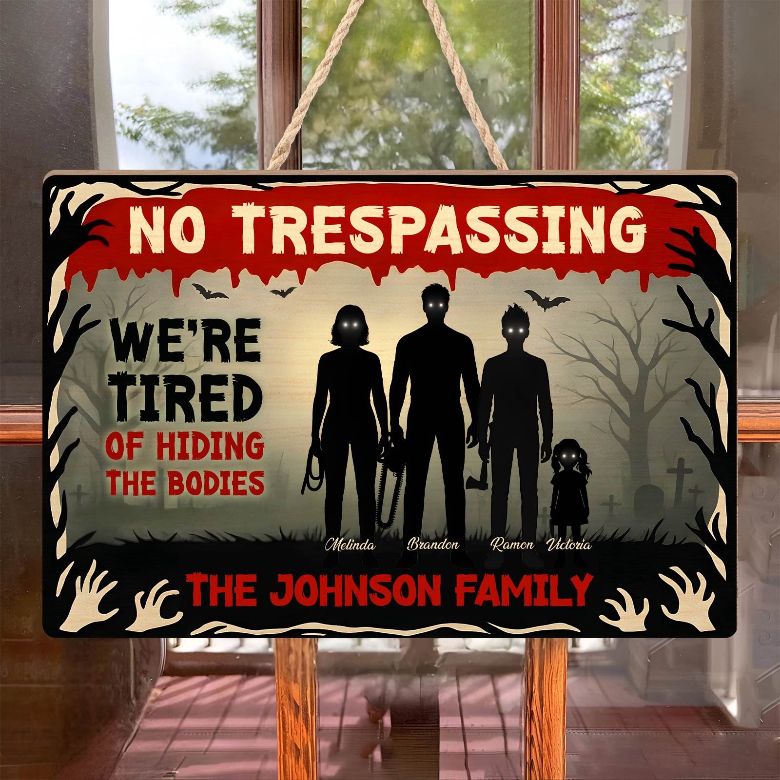 Halloween Wooden Door Sign featuring a spooky design with no trespassing message for Halloween decor