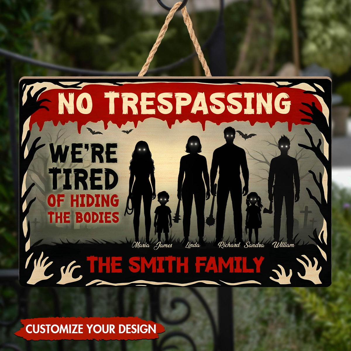 Halloween Wooden Door Sign with Creepy Silhouettes and Customizable Family Name