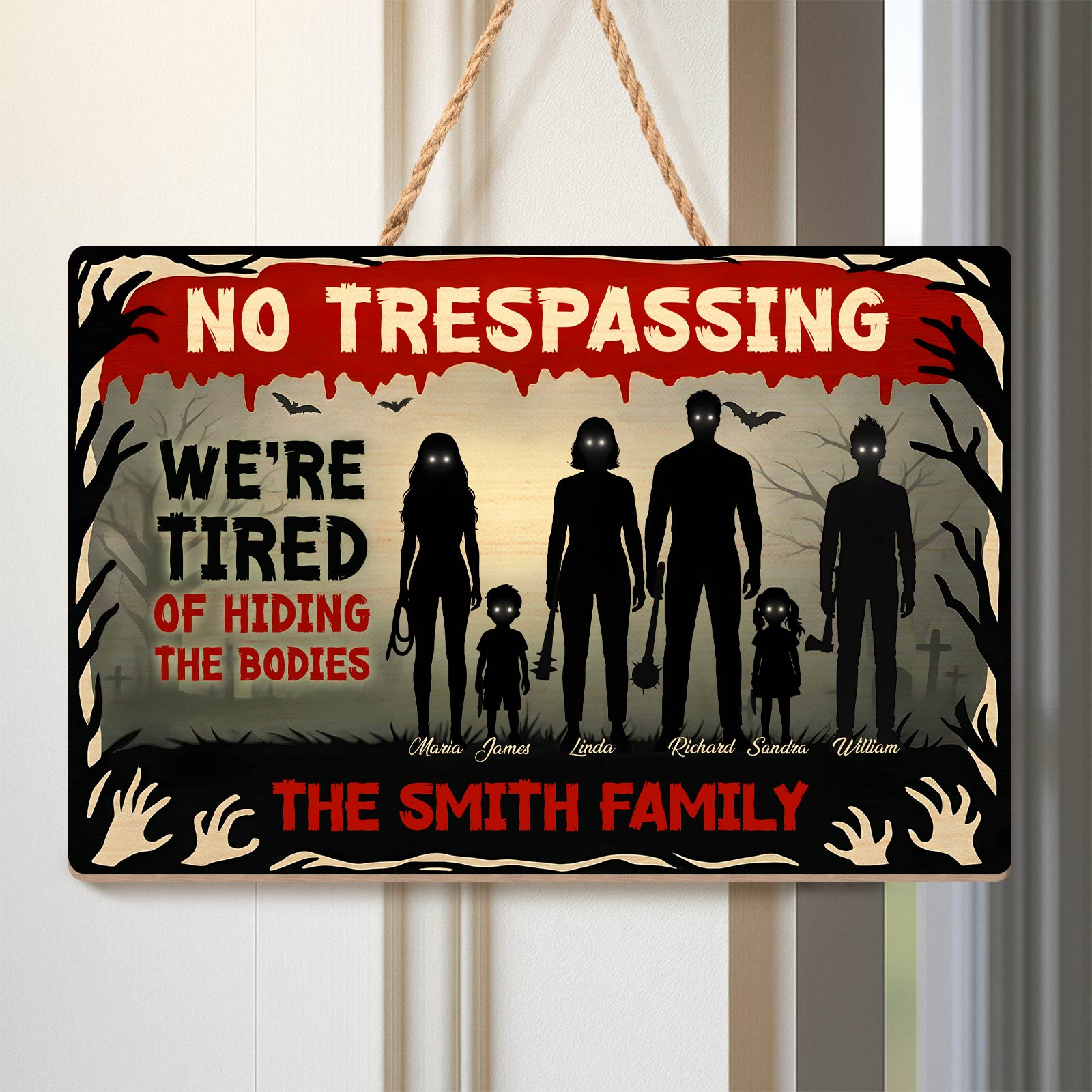 Halloween Wooden Door Sign featuring spooky graveyard scene with 'No Trespassing' message