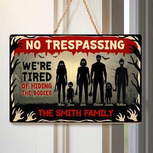 Halloween Wooden Door Sign featuring spooky graveyard scene with 'No Trespassing' message