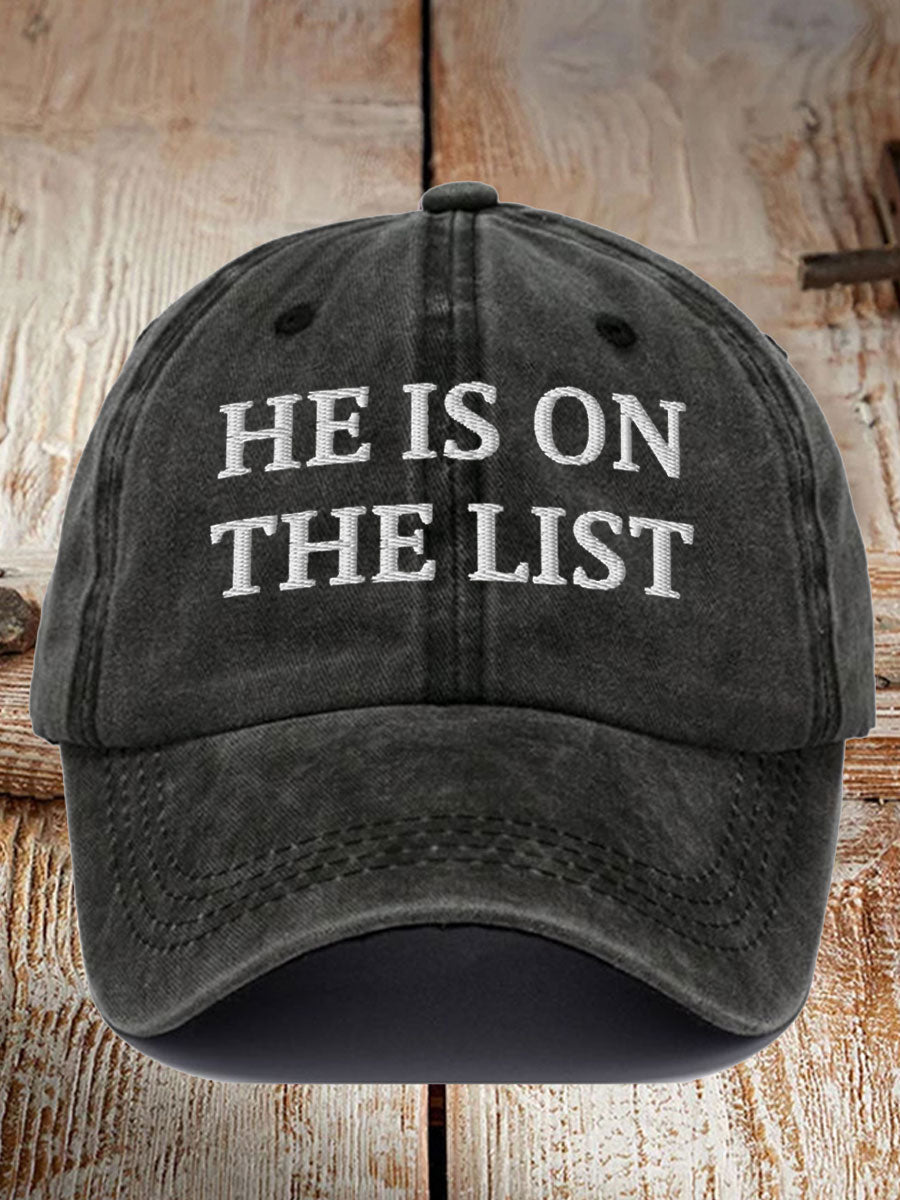 Black distressed baseball cap with white embroidered text he is on the list hat by 365Gifty