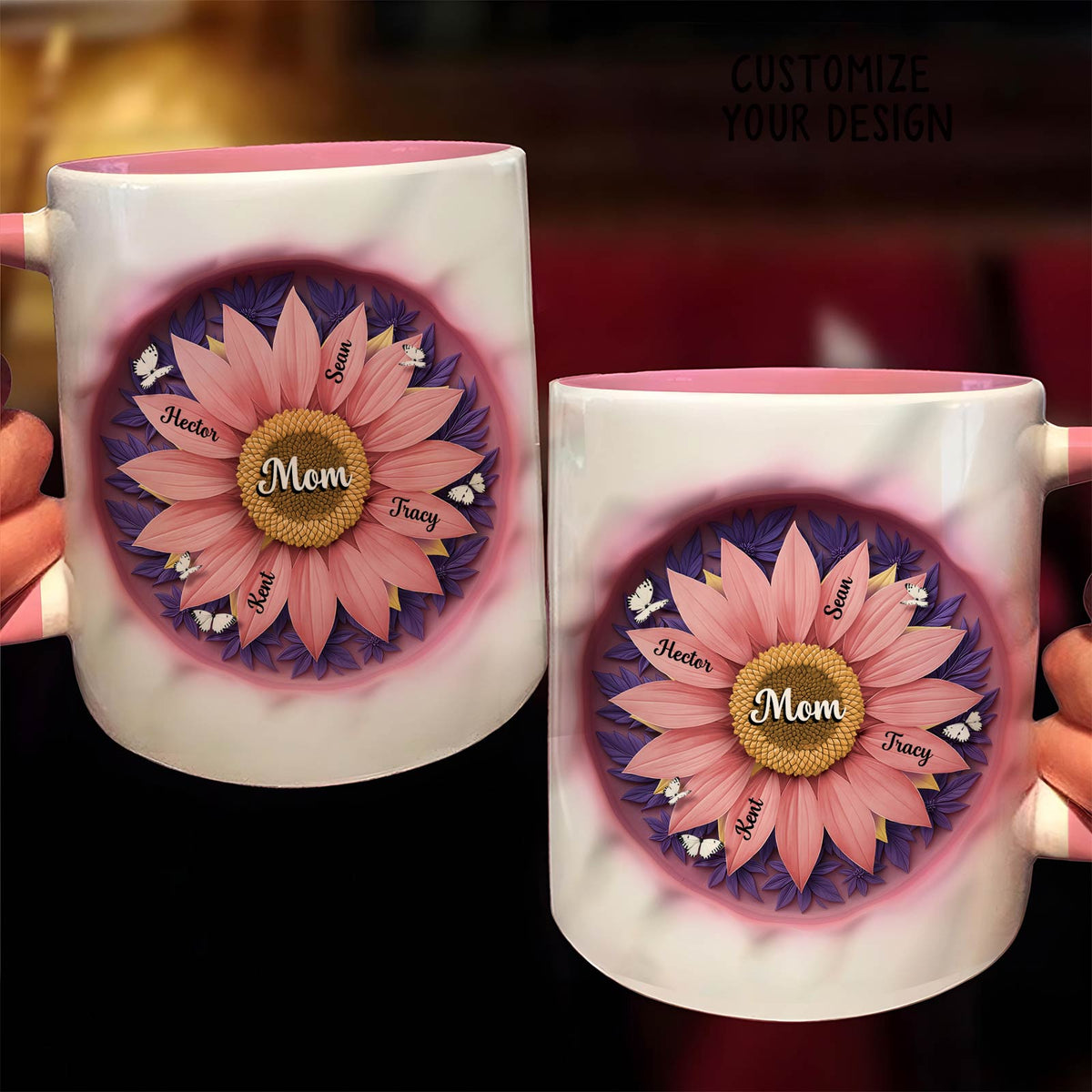 365Gifty personalized mother mug set white ceramic mugs with pink interior sunflower design labeled Mom and custom names