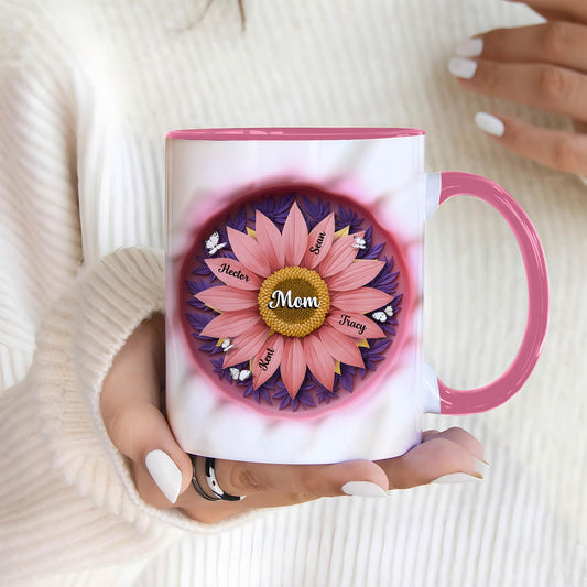 365Gifty personalized mother mug pink handle with floral sunflower design and Mom center with family names