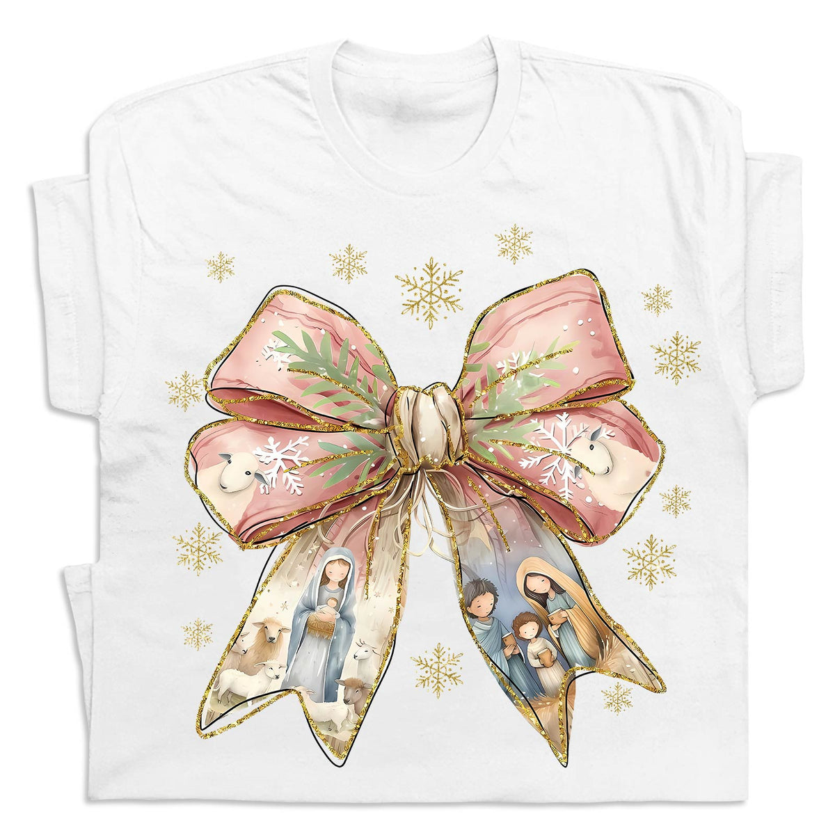 White shirt featuring a large pink and gold bow with nativity scene and snowflakes Jesus Christmas bow shirt
