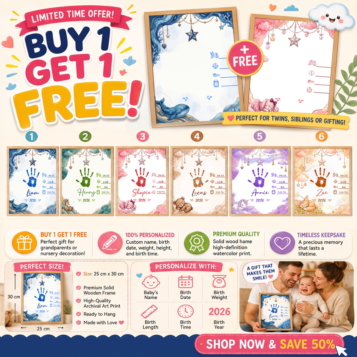 DIY Baby Handprint Keepsake – Custom Baby Name, Birth Details & Handprint Art Kit