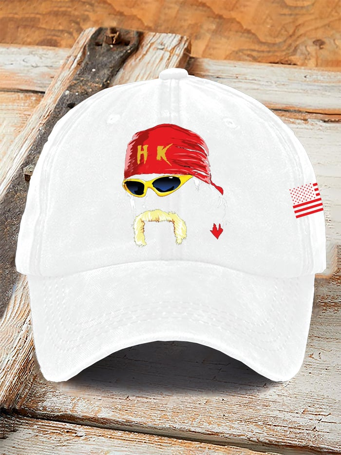 White Legends Cap with red bandana, yellow sunglasses, and printed mustache design