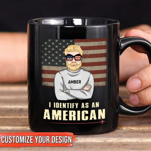365Gifty custom I identify as an American mug black ceramic with blonde man wearing US flag sunglasses and vintage flag background