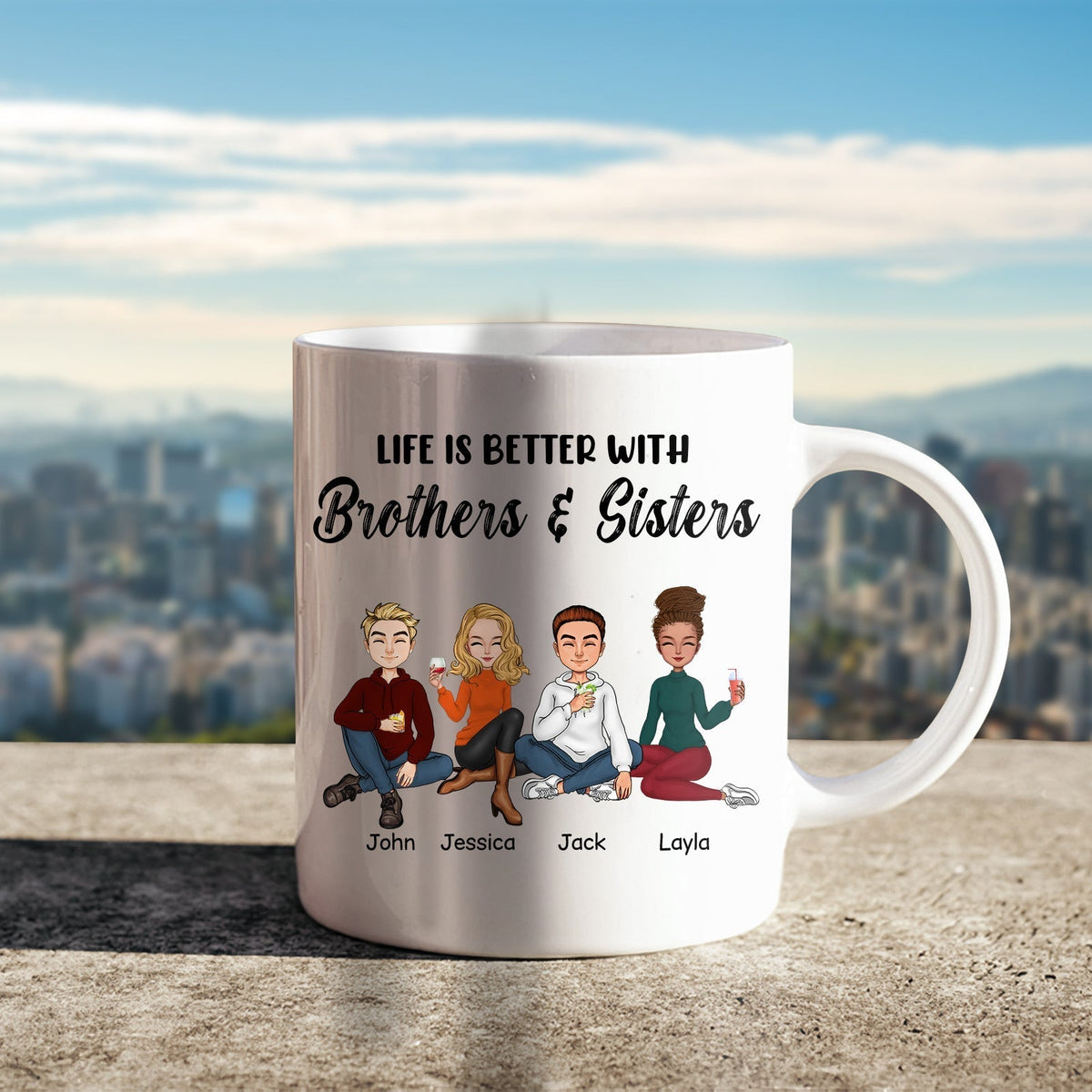 Custom cartoon family mug that says life is better with siblings gift featuring four characters