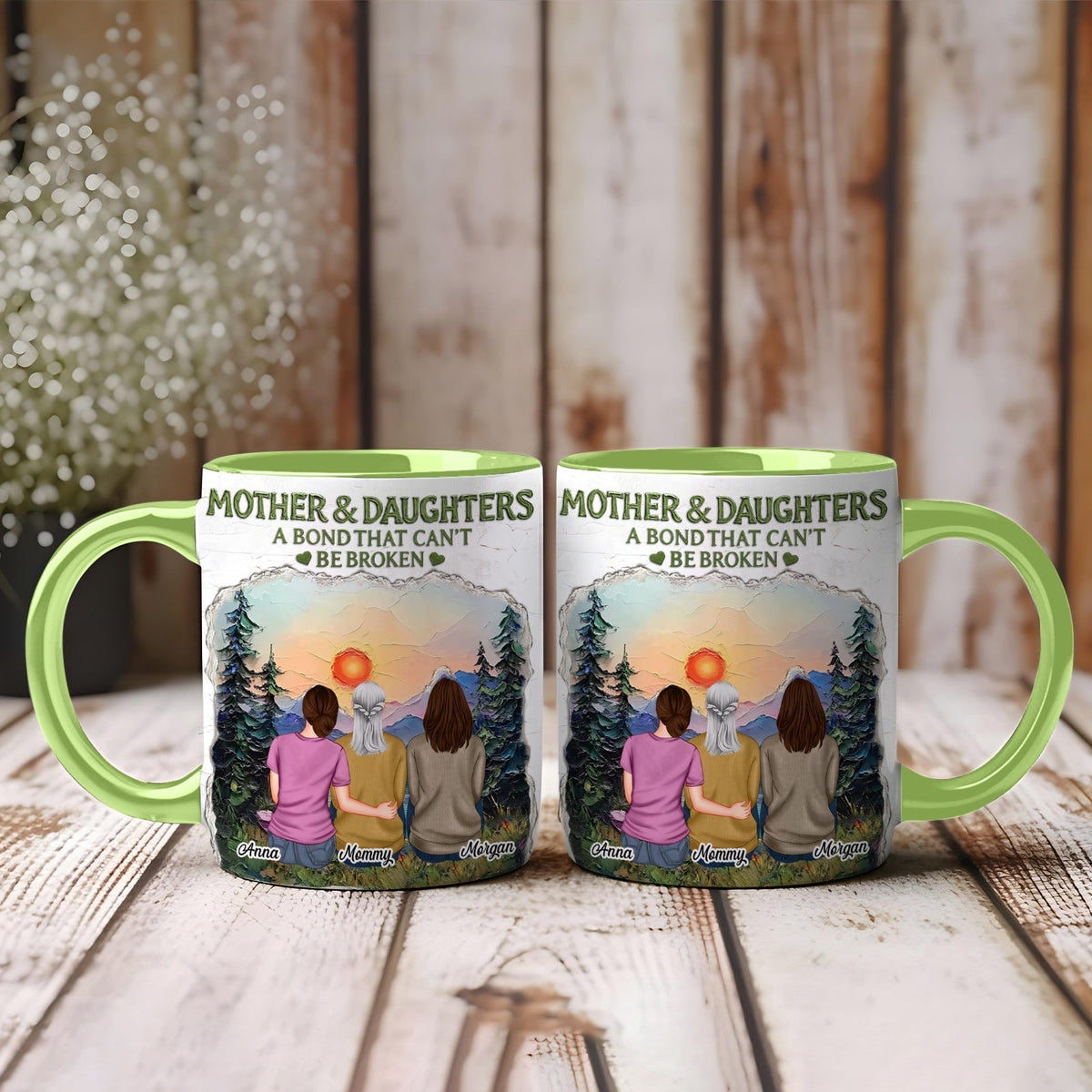 365Gifty green handled matching mugs showing mother and daughters at sunset with forest unique gifts for moms from daughters