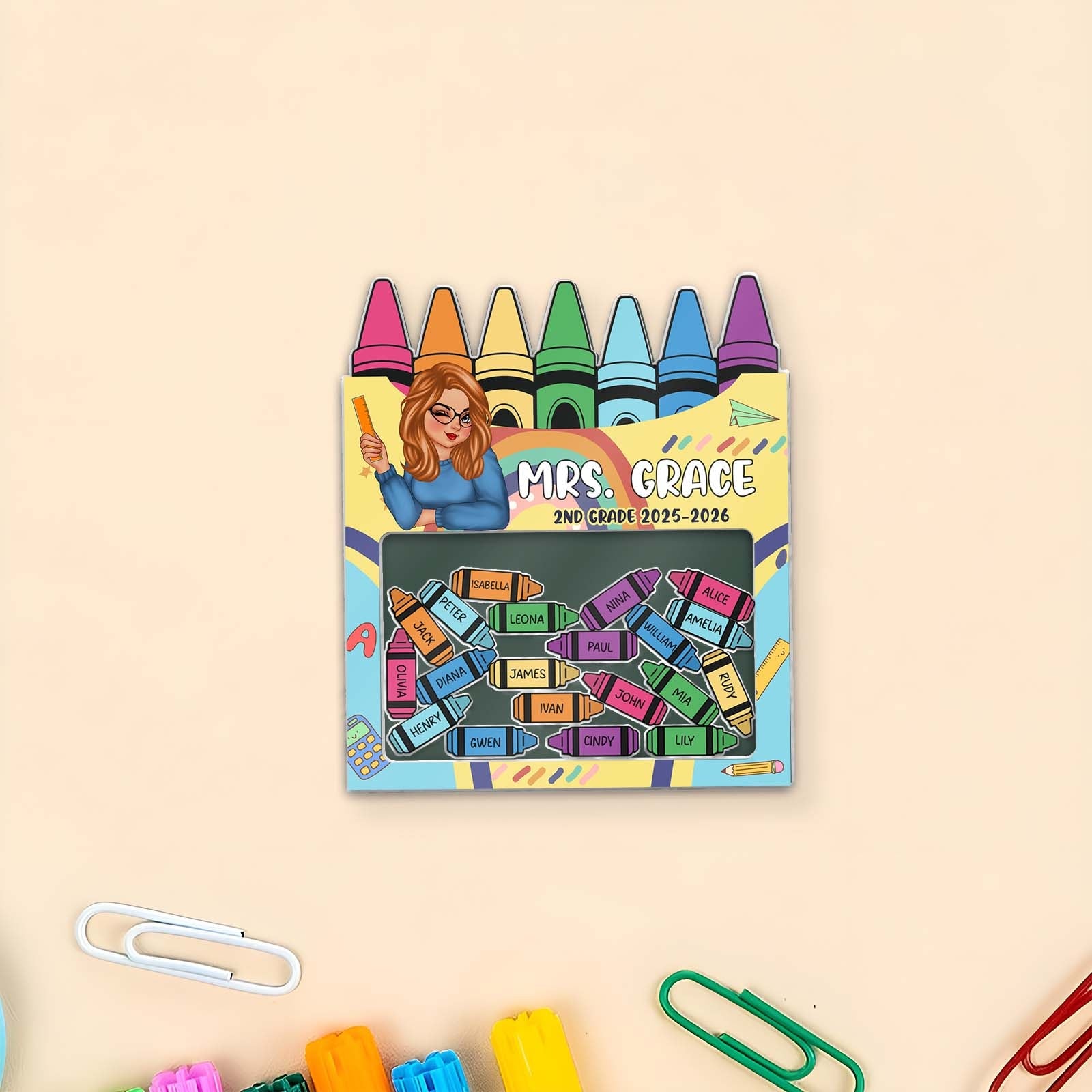 Colorful Magnet Shaking For Teacher with crayons and personalized student name magnets by 365Gifty