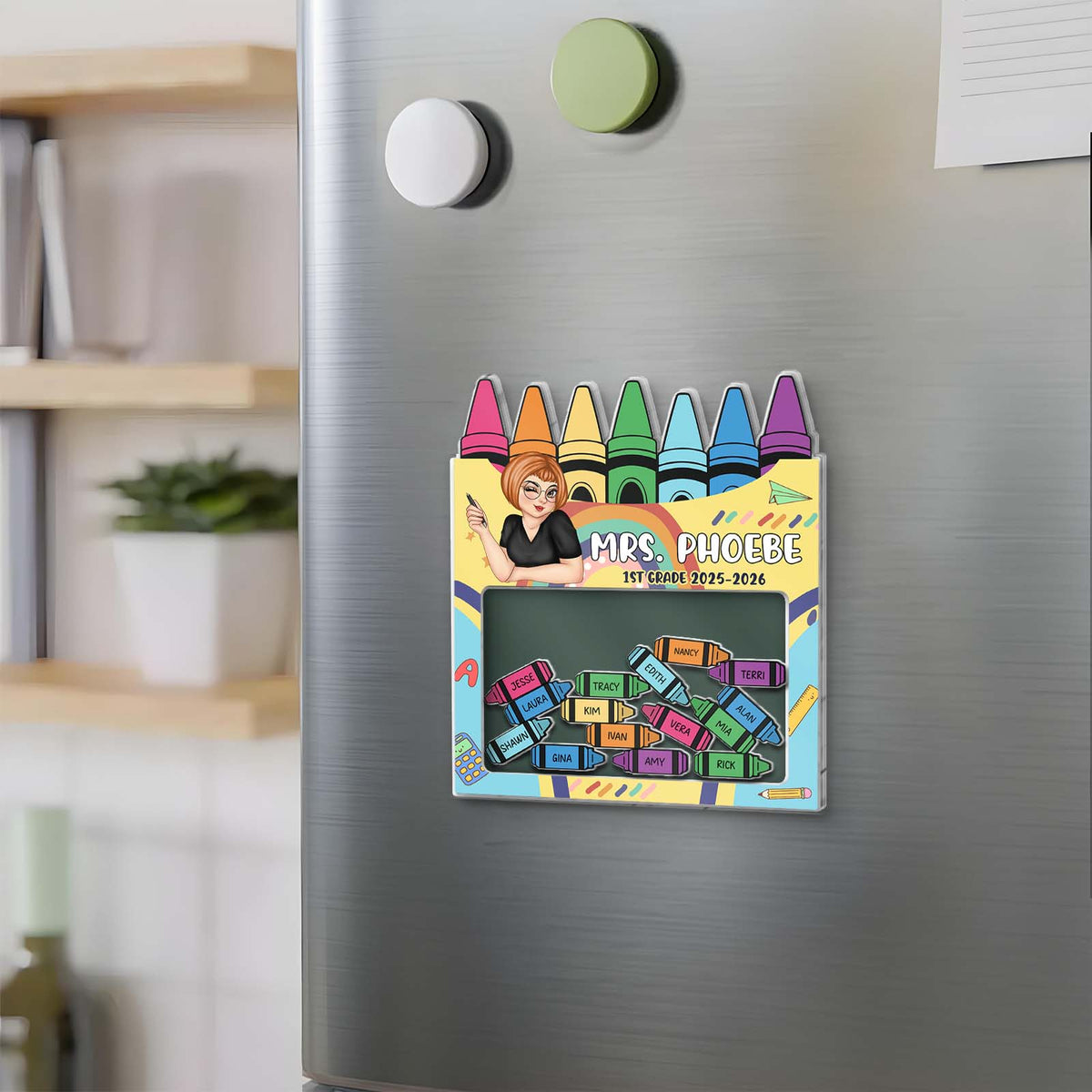 Colorful magnet shaking for teacher on a refrigerator with cartoon crayons and custom teacher name