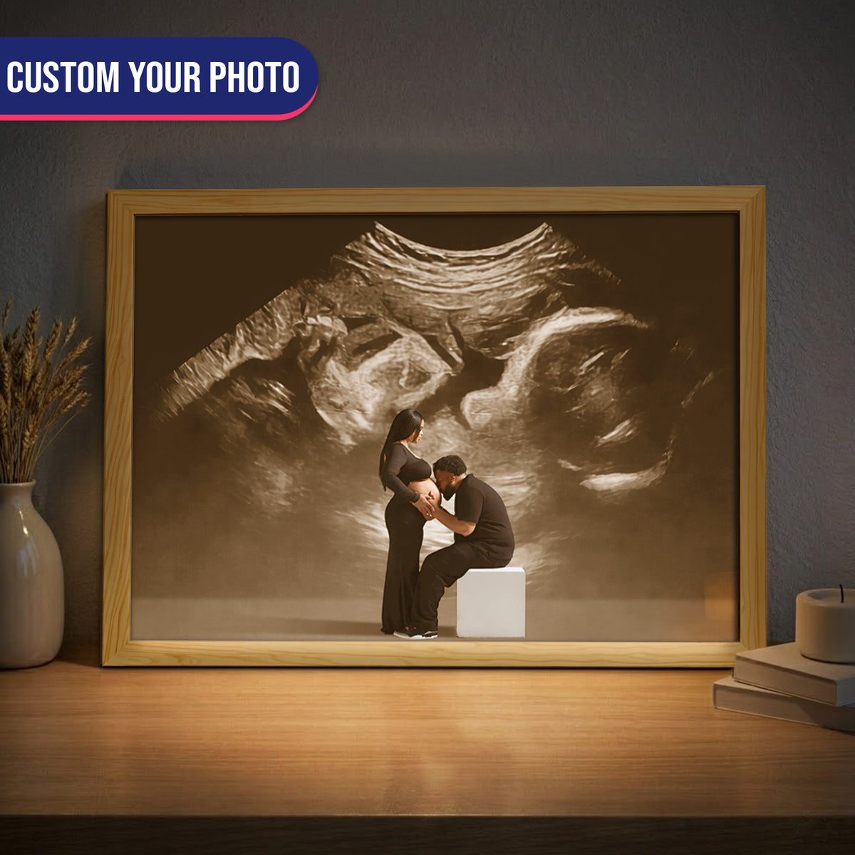 Personalized Wooden Light Up Photo Frame – Hidden Ultrasound Reveal Gift, LED Frame
