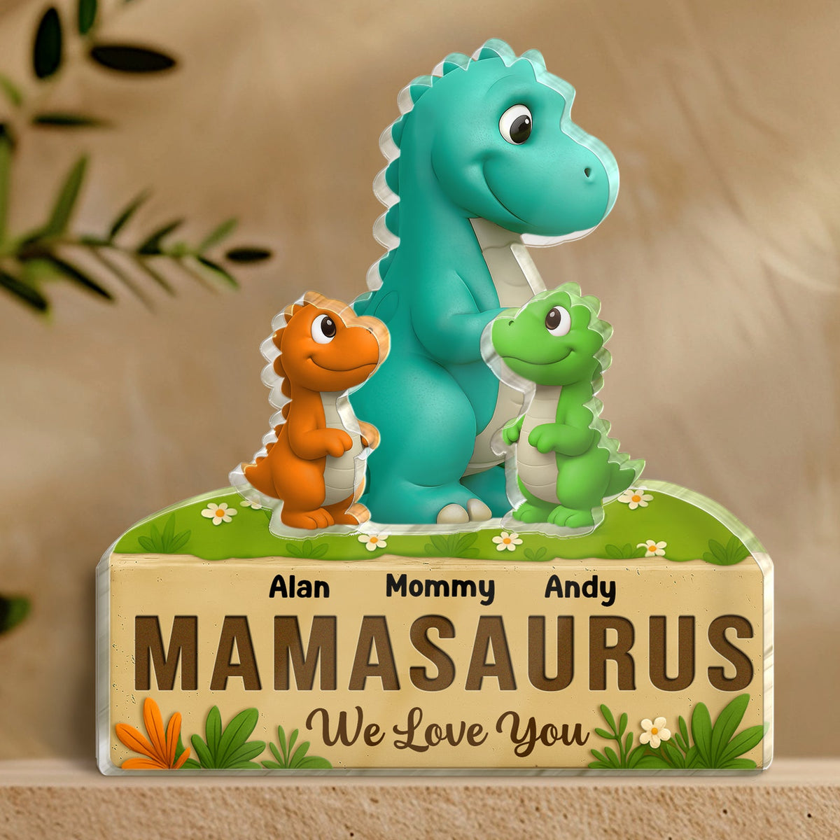 365Gifty Acrylic Puzzle Gift for Mom and Kids with colorful dinosaur family and personalized names