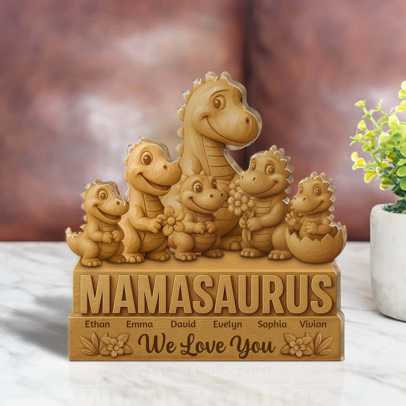365Gifty Acrylic Sculpture of a dinosaur family with Mamasaurus and personalized names on a decorative base