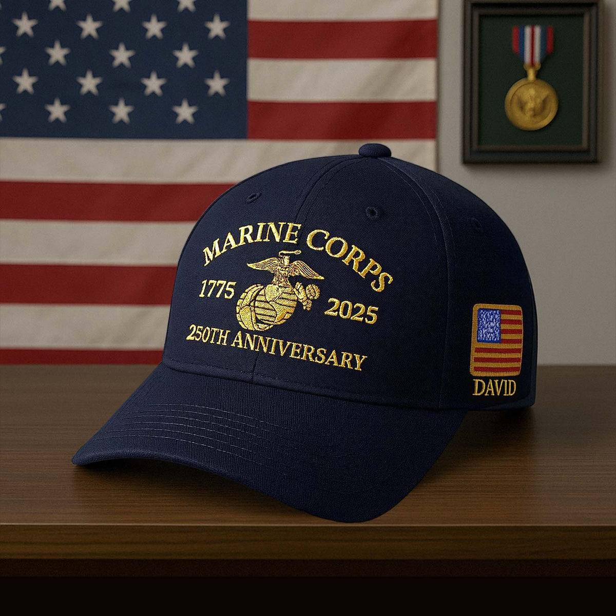 Marine Corps 250th anniversary hat in navy blue with embroidered logo and customizable name tag