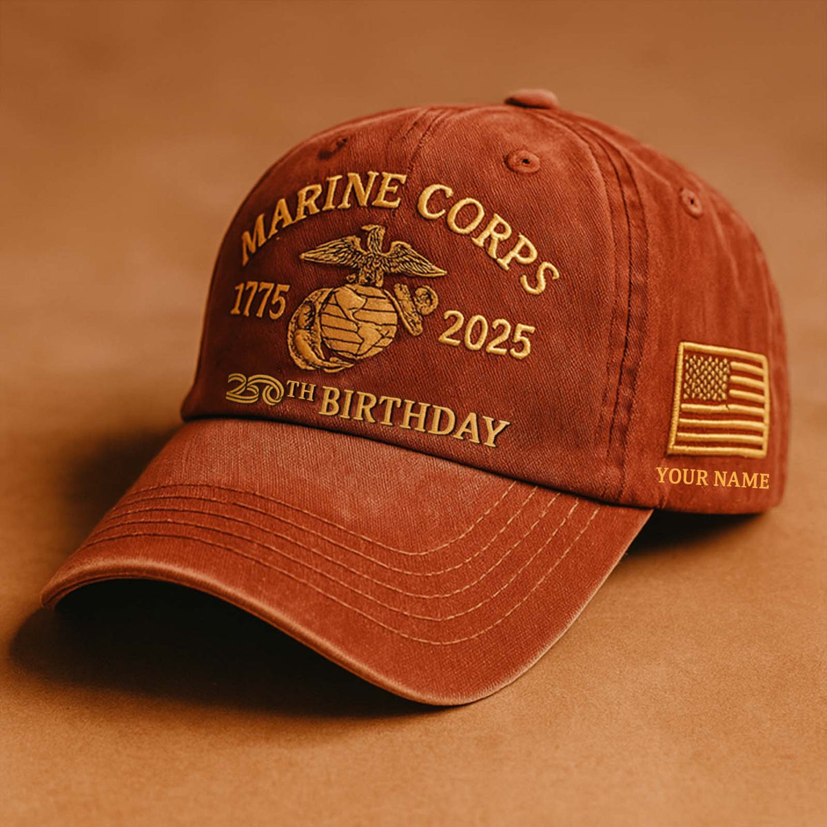 Brown adjustable Marine Corps 250th birthday cap with gold embroidery and custom name option