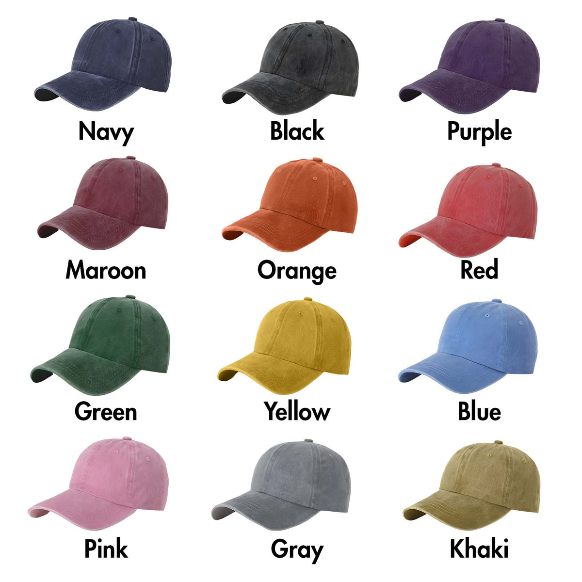 Twelve colorful plain baseball caps including navy black purple maroon orange and red for Marine Corps anniversary gift set