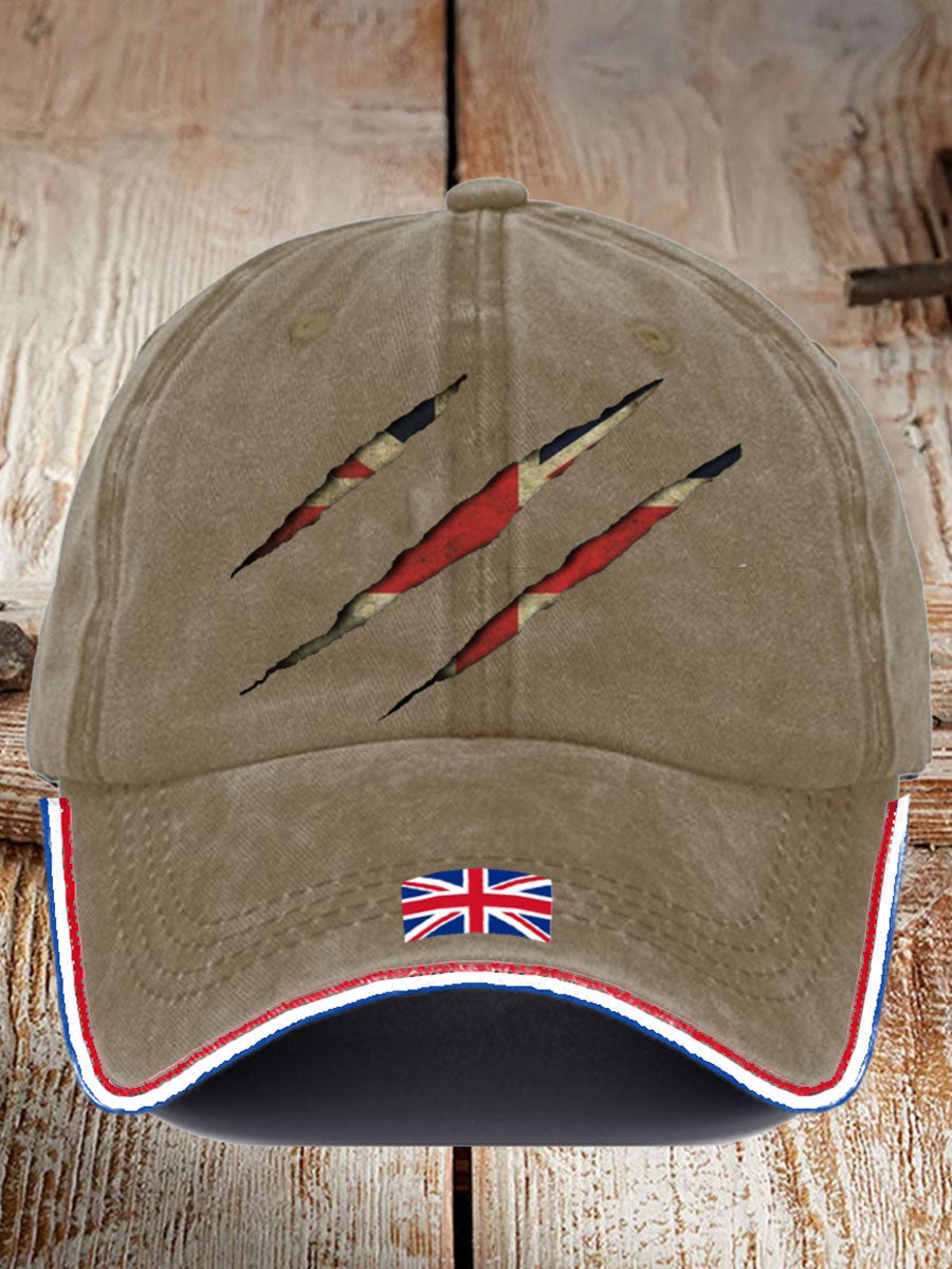 Brown cap with torn design revealing England flag and Union Jack detail for men's England t-shirt with cap combo
